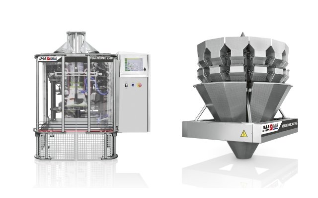 Ima Ilapak Vegatronic 2300 vertical form fill seal bagger packaging machine and multihead weigher Weightronic WA 14-50 for meat burger patties in pillow bag